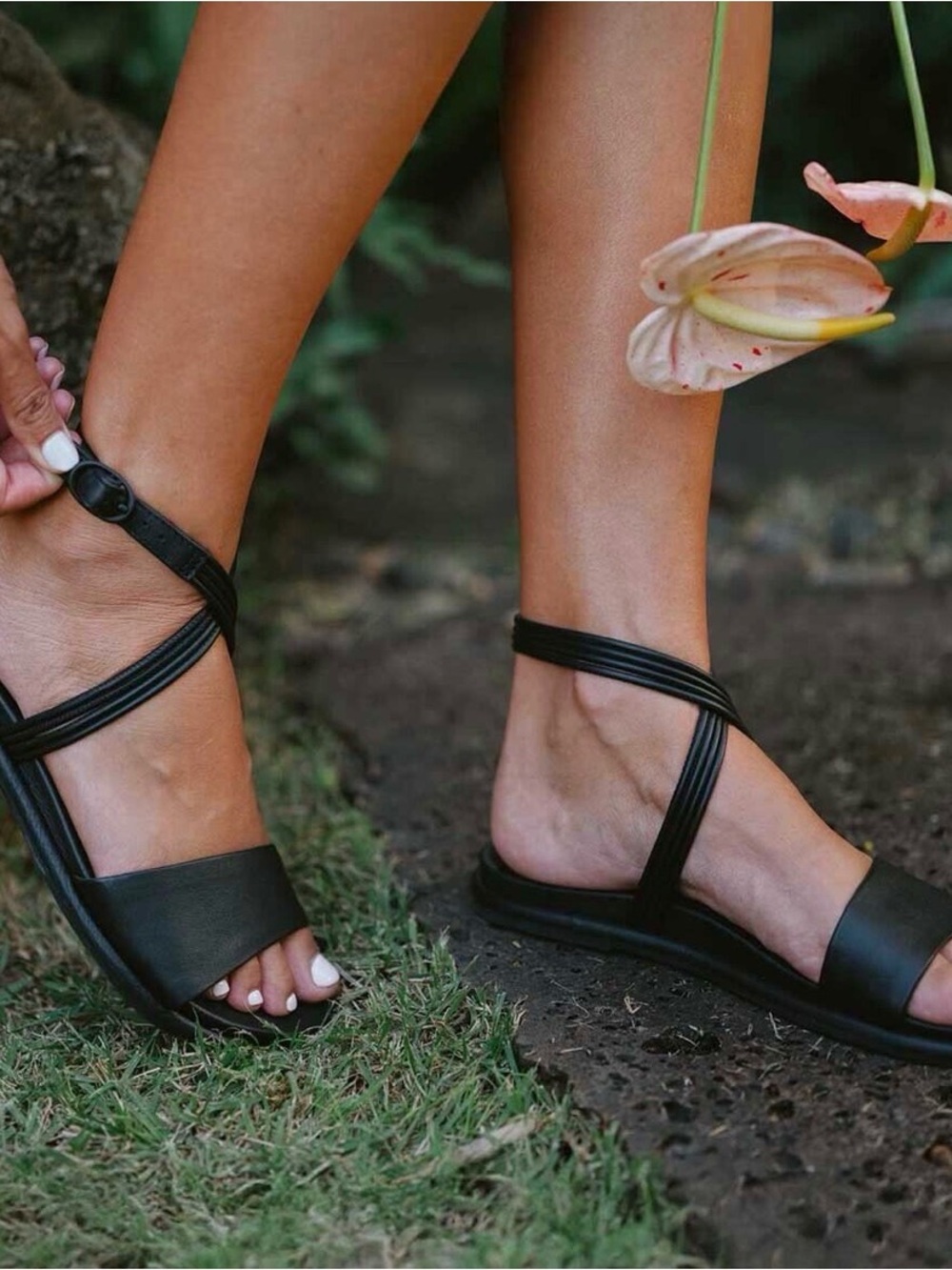 OluKai Black Leather Lace-Up Slide Sandals
